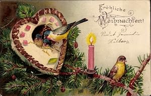 Präge Litho Glückwunsch Weihnachten, Tannenbaum, Lebkuchen, Vögel
