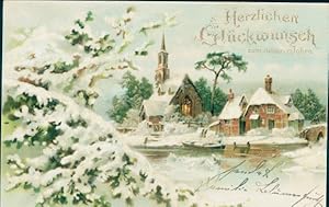Glitzer Litho Glückwunsch Weihnachten, Kirche, Haus, Tannenbaum