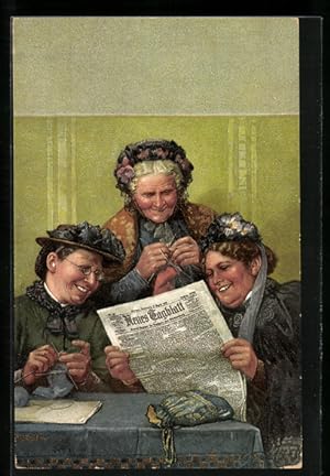 Bild des Verkufers fr Ansichtskarte Alte Frauen lesen beim Stricken gerne Zeitung zum Verkauf von Bartko-Reher