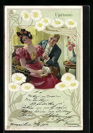 Bild des Verkufers fr Knstler-Ansichtskarte H. Schubert: Ganz Allein, der Jngling schenkt der Dame eine Blume zum Verkauf von Bartko-Reher