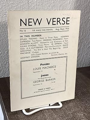 Imagen del vendedor de New Verse [No 16, Aug.-Sept. 1935] - Dylan thomas; Norman Cameron; Frederic Prokosch; Kenneth Allott; Julian Symons; W. Empson; B. H. Gutteridge; David Gascoyne; Louis MacNeice; Goeffrey Grigson a la venta por Big Star Books