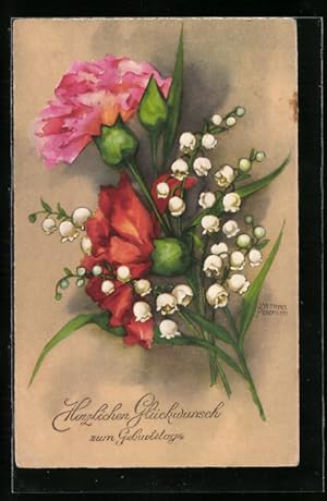 Seller image for Knstler-Ansichtskarte Hannes Petersen: Blumenstrauss in rosa, rot und weiss for sale by Bartko-Reher