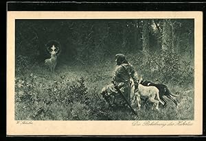 Ansichtskarte die Bekehrung des Hubertus, Jäger geht vor einem heiligen Hirsch auf die Knie, Schu...