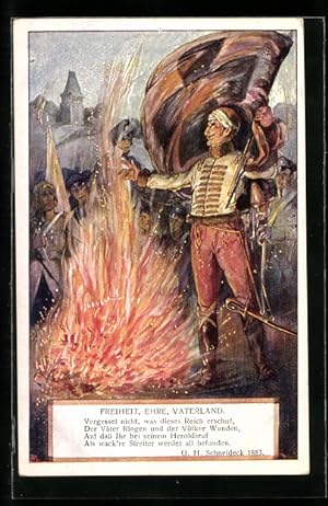 Künstler-Ansichtskarte Soldaten nach siegreichem Gefecht um ein Feuer lagernd, Spruch G.H. Schnei...