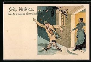 Bild des Verkufers fr Knstler-Ansichtskarte Bruno Brger, Ottillie Nr. 1625: Fritz bleib da, du weesst ja nich, wie`s Wetter wird? zum Verkauf von Bartko-Reher
