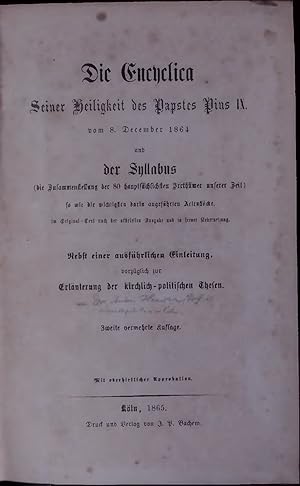 Imagen del vendedor de Die Encyclica seiner Heiligkeit des Papstes Pius IX vom 8. Dezember 1864. a la venta por Antiquariat Bookfarm