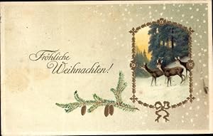 Präge Ansichtskarte / Postkarte Glückwunsch Weihnachten, Rehe, Tannenzapfen