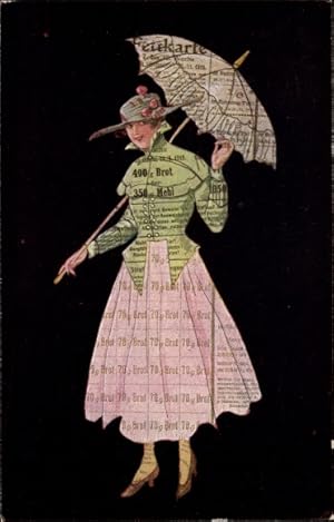 Ansichtskarte / Postkarte Dame im Kleid aus Brotmarken, Schirm, Fettkarte