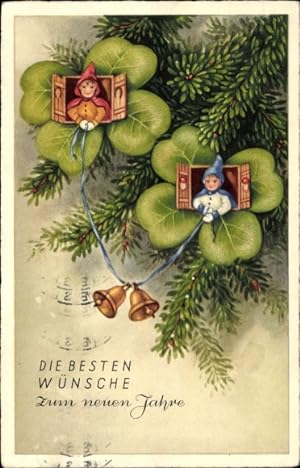 Ansichtskarte / Postkarte Glückwunsch Neujahr, Wichtel, Tannenbaum, Glocken, Glücksklee