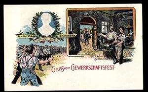 Litho Gewerkschaftsfest, Ferdinand Lassalle, Schmied, Freiheit Gleichheit Brüderlichkeit