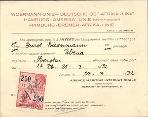 Ansichtskarte / Postkarte Passagierschein Woermann-Linie, DOAL, Hamburg Amerika Linie, Hamburg Br...