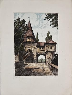 Iphofen. (Rödelseer Tor). Original-Radierung, handkoloriert. (Platte: 19 x 28 cm. Blatt: 30 x 40 ...