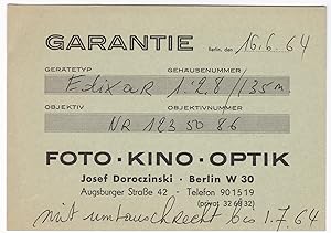 Garantie-Karte 1964 Foto Kino Optik Josef Doroczinski Berlin für Edixa R