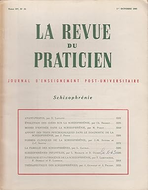 Imagen del vendedor de La Revue du praticien 1 octobre 1965 Numro spcial SCHIZOPHRENIE a la venta por PRISCA
