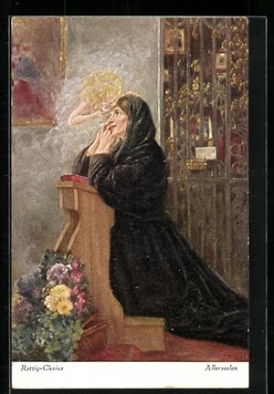 Bild des Verkufers fr Knstler-Ansichtskarte sign. Rettig-Clesius: Allerseelen, Dame beim Beten wird von Engel geksst zum Verkauf von Bartko-Reher