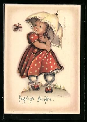 Bild des Verkufers fr Knstler-Ansichtskarte Hilla Peyk: Mdchen im roten Kleid mit Sonnenschirm und Kfer zum Verkauf von Bartko-Reher