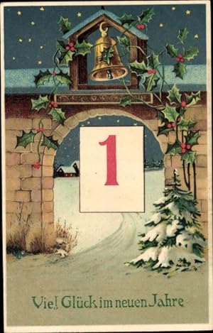 Präge Ansichtskarte / Postkarte Glückwunsch Neujahr, Kalenderblatt 1 Januar, Glocke, Torbogen