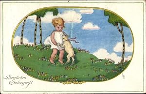 Künstler Ansichtskarte / Postkarte Glückwunsch Ostern, Kind tanzt mit einem Lamm - Meissner 2522