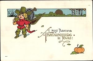 Bild des Verkufers fr Prge Ansichtskarte / Postkarte Glckwunsch Thanksgiving, Krbis, Junge, Gewehr, Truthahn zum Verkauf von akpool GmbH