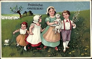 Präge Ansichtskarte / Postkarte Glückwunsch Ostern, Kinder und Lamm, Weidenkätzchen