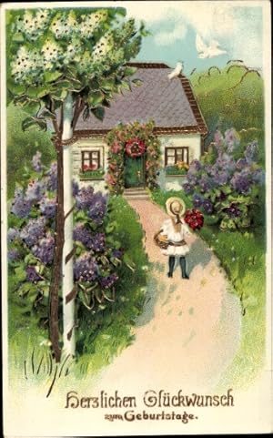 Glitzer Ansichtskarte / Postkarte Glückwunsch Geburtstag, Kind, Gratulant, Blühende Bäume