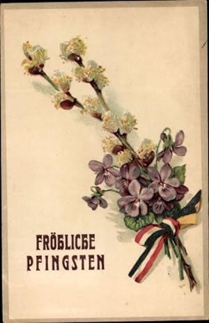 Ansichtskarte / Postkarte Glückwunsch Pfingsten, Veilchen, Fahnen, Weidenkätzchen