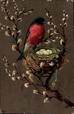 Ansichtskarte / Postkarte Glückwunsch Ostern, Weidenkätzchen, Vogel, Vogelnest