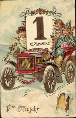 Präge Glitzer Ansichtskarte / Postkarte Glückwunsch Neujahr, Kinder, Auto, Kalender
