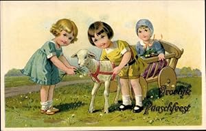 Ansichtskarte / Postkarte Glückwunsch Ostern, Kinder mit Lamm, Wagen