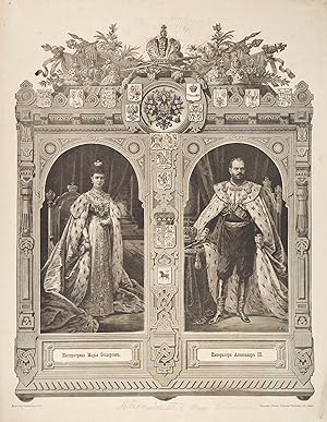 Bild des Verkufers fr ALEXANDER III., Zar von Ruland (1845 - 1894) u. MARIA FJODOROWNA (1847 - 1928). Das russische Kaiserpaar Alexander III. und Maria Fjodorowna in Ganzfigur und vollem Ornat; jeweils in einem Rahmenausschnitt vor dem Thron stehend. Der Reprsentationsrahmen mit zahlreichen Wappen und Kronen geziert. Mit Beschriftung in kyrillisch. zum Verkauf von Peter Bierl Buch- & Kunstantiquariat Inh.: Andrea Bierl