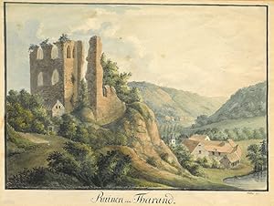 THARANDT. "Ruinen von Tharand". Blick von der Burg hinunter auf den Ort und den Weiher.