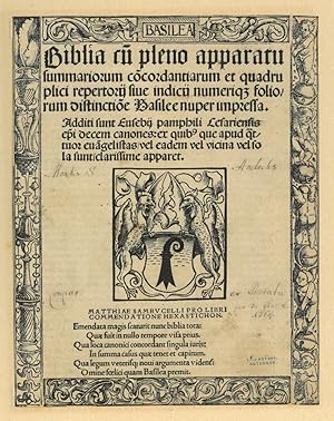 BASEL. - Druckermarke. "Biblia cum pleno apparatu.". Titelblatt der "Biblia latina" mit großer Dr...