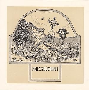 Bild des Verkufers fr Kriegsbcherei [Universal-Exlibris]. Weinendes Engelchen mit Soldatenkppi, an Grab sitzend. zum Verkauf von Antiquariat  Braun