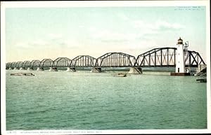 Bild des Verkufers fr Ansichtskarte / Postkarte Sault Sainte-Marie Michigan USA, Internationale Brcke und Leuchtturm zum Verkauf von akpool GmbH