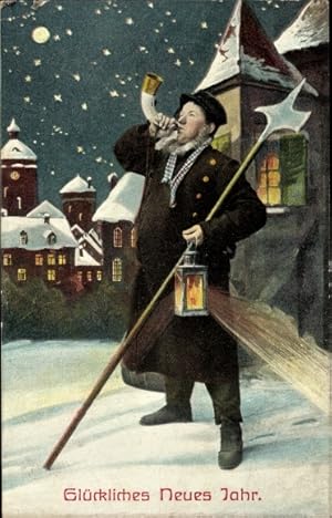 Ansichtskarte / Postkarte Glückwunsch Neujahr, Nachtwächter, Horn, Handlaterne