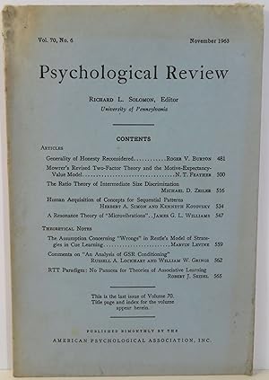 Bild des Verkufers fr Psychological Review Vol. 70, No. 6 - November 1963 zum Verkauf von Evolving Lens Bookseller