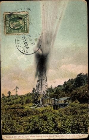 Ansichtskarte / Postkarte Flowing Oil Well, kurz nachdem es torpediert wurde, Oil City