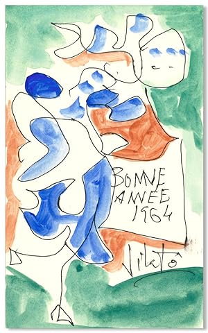 [Original Ink and Watercolor New Year's Greeting, Signed]