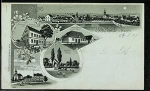 Seller image for Mondschein-Lithographie Ubstadt i. Baden, Gasthaus z. Bahnhof von Ant. Wippel, Geschftshaus von Franz Keim und Kirche for sale by Bartko-Reher