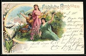 Seller image for Lithographie Hbsche Frauen mit Harfe wnschen frhliche Pfingsten for sale by Bartko-Reher