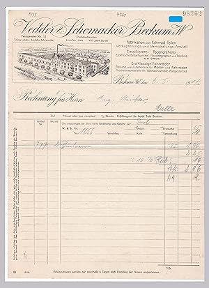 Rechnung Vedder & Schomacker Beckum i.W. 1914 - Fabrikation von Fahrrad-Teilen, Verkupferungs- un...