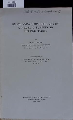 Seller image for PHYSIOGRAPHIC RESULTS OF A RECENT SURVEY IN LITTLE TIBET. REPRINTED FROM THE GEOGRAPHICAL REVIEW Vol. XXIV, No. 1, JANUARY, 1934 Pp. 12-41 for sale by Antiquariat Bookfarm