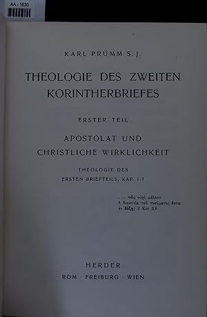 Seller image for THEOLOGIE DES ZWEITEN KORINTHERBRIEFES. ERSTER TEIL - APOSTOLAT UND CHRISTLICHE WIRKLICHKEIT for sale by Antiquariat Bookfarm