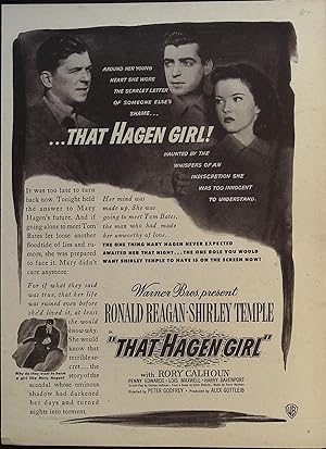 Bild des Verkufers fr That Hagen Girl Trade Print Ad 1947 Ronald Reagan, Shirley Temple zum Verkauf von AcornBooksNH