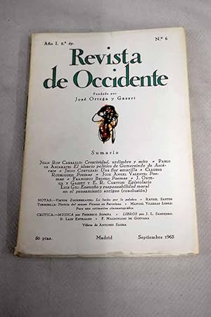 Imagen del vendedor de Revista de Occidente, Ao 1963, n 6:: Creatividad, Urdimbre y Mito; El Ideario poltico de Gumersindo de Azcrate; Una flor amarilla; Poemas; Epistolario entre Ortega y Curtius; Ensueo y responsabilidad moral en el pensamiento antiguo (conclusin) a la venta por Alcan Libros