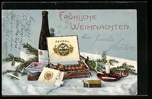 Ansichtskarte Stilleben mit Streichhölzern, Zigarren und Wein