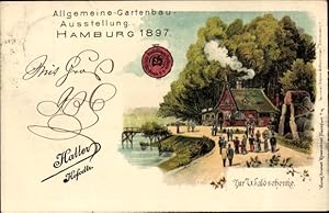 Litho Allgemeine Gartenbau-Ausstellung Hamburg 1897, Zur Waldschenke