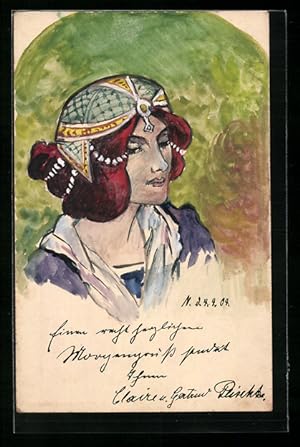 Künstler-Ansichtskarte Handgemalt: Dame mit hübschem Kopfputz