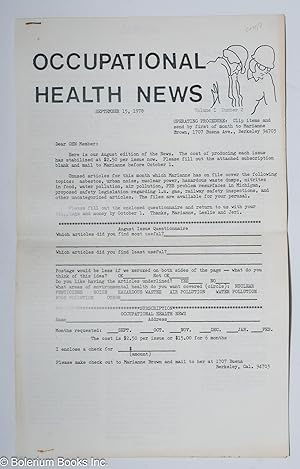 Occupational Health News, Volume I Number 2 September 15, 1978