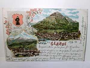 Glarus. Gruss aus., Schweiz. Alte Ansichtskarte / Lithographie farbig, gel. 1898. 3 Ansichten : B...